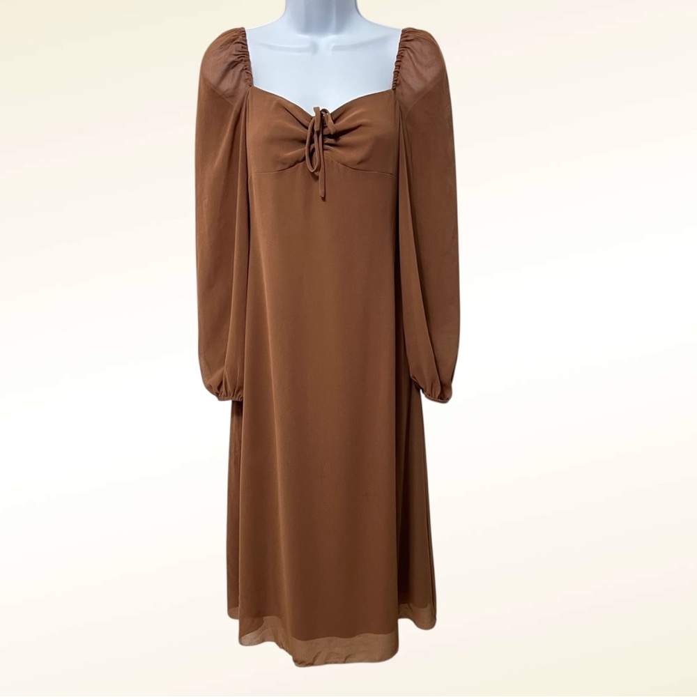 Aritzia Wilfred Jacqueline Brown Ruched Tie Front Dress Size 4 Balloon Sleeve